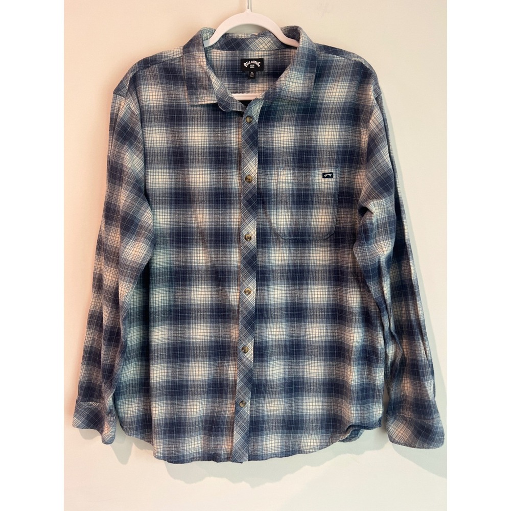 Billabong Mens Long Sleeve Plaid Flannel Shirt XL Blue White Button Up Casual‎